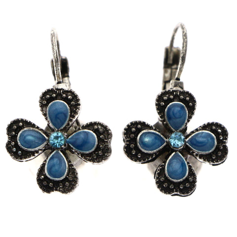 Mi Amore Antiqued Flower Dangle-Earrings Blue & Silver-Tone