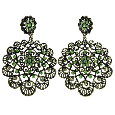 Mi Amore Antiqued Flower Drop-Dangle-Earrings Gold-Tone & Green