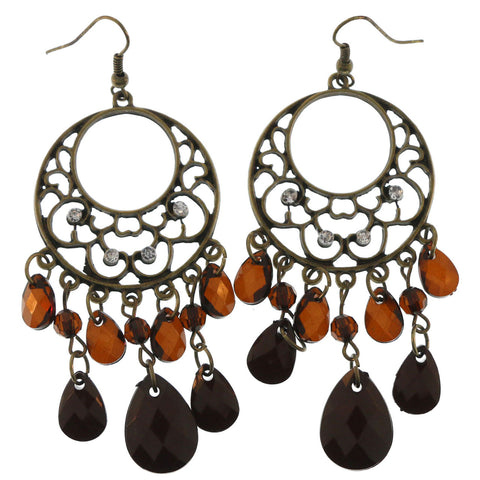 Gold-Tone & Brown Metal Dangle-Earrings With Crystal Accents