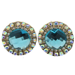 Silver-Tone & Blue Colored Metal Stud-Earrings With Crystal Accents