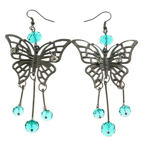 Mi Amore Blue Acrylic Accents Butterfly Drop-Dangle-Earrings Silver-Tone & Blue