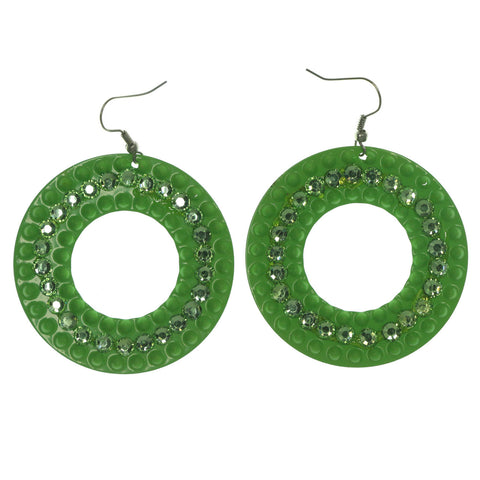 Green & Silver-Tone Plastic Dangle-Earrings With Crystal Accents