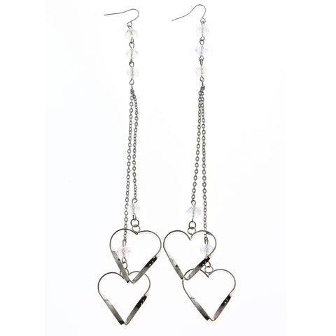 Mi Amore Heart Long Drop-Dangle-Earrings Silver-Tone & Clear