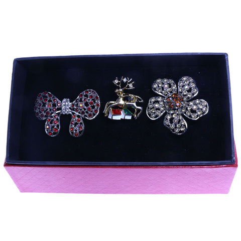Mi Amore 1 pin 2 adjustable rings Christmas Holiday Pin-Ring-Set Silver-Tone