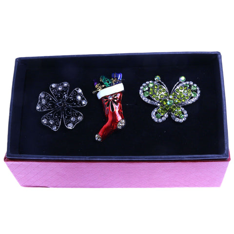 Mi Amore 1 pin 2 adjustable rings Christmas Holiday Pin-Ring-Set Silver-Tone
