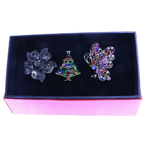 Mi Amore 1 pin 2 adjustable rings Christmas Tree Holiday Pin-Ring-Set Silver-Tone