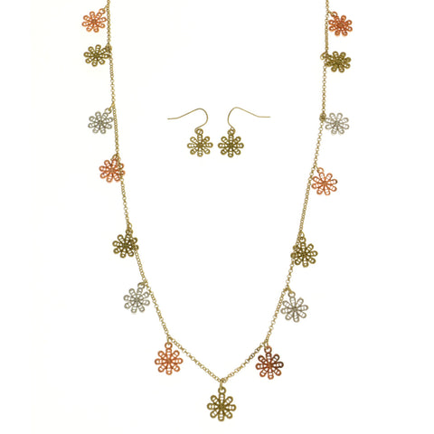 Mi Amore Flower Adjustable Necklace-Earring-Set Multicolor & Gold-Tone