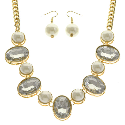 Mi Amore Adjustable Necklace-Earring-Set White/Gold-Tone