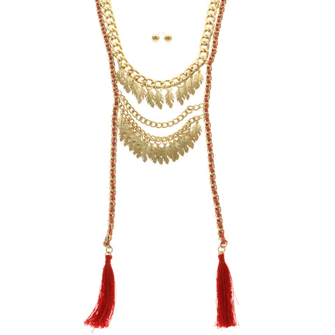 Mi Amore Leaves Tassel Adjustable Necklace-Earring-Set Gold-Tone & Red