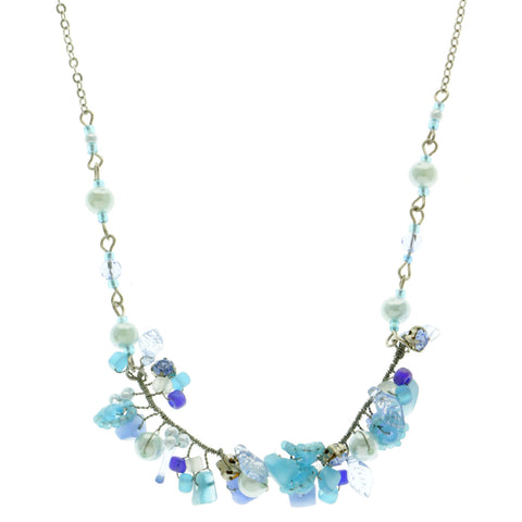 Mi Amore Flower Leaf Adjustable Fashion-Necklace Blue & Silver-Tone
