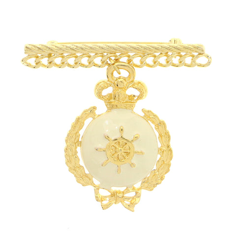 Gold-Tone & White Nautical Ship Wheel Metal Brooch-Pin #LQP1012