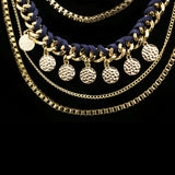 Luxury Leather Strand Hammered Finish Necklace Gold & Blue NWOT