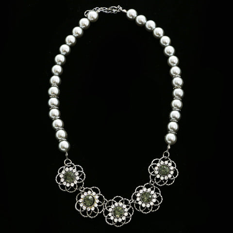 Luxury Crystal Flower Necklace Gunmetal & Gray NWOT