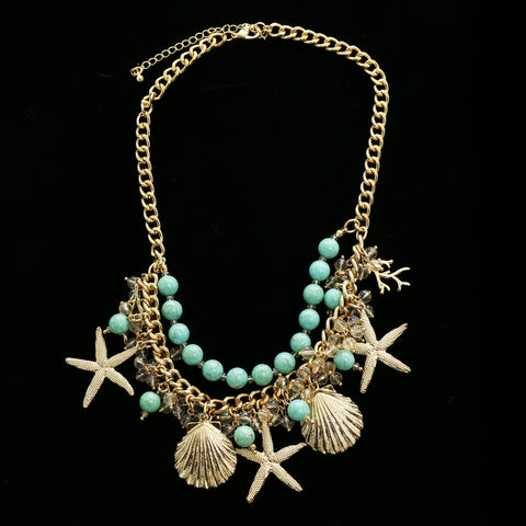 Luxury Semi-Precious Sea Shells,Starfish,Coral Necklace Gold & Blue NWOT