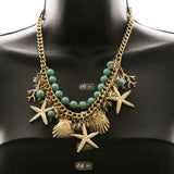 Luxury Semi-Precious Sea Shells,Starfish,Coral Necklace Gold & Blue NWOT