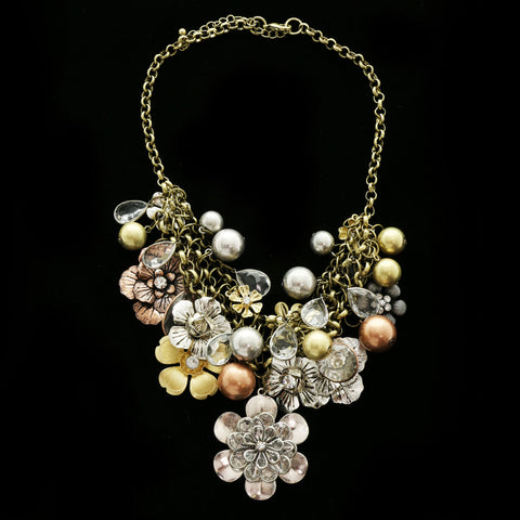 Luxury Crystal Flowers Necklace Gold & Brown NWOT