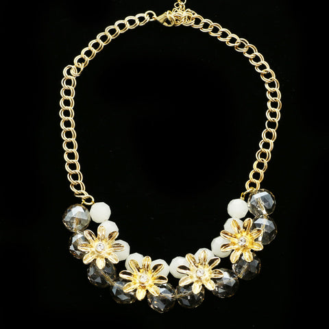 Luxury Faceted Flower Necklace Gold & White NWOT