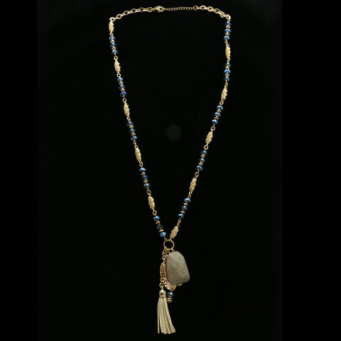 Luxury Hammered Finish Leather Y-Necklace Gold & Gray NWOT