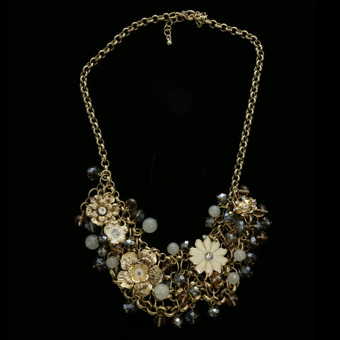 Luxury Crystal Flower Necklace Gold & White NWOT