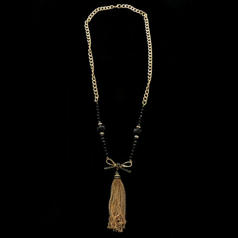 Luxury Crystal Bow Y-Necklace Gold & Black NWOT