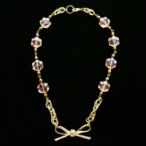 Luxury Crystal Bow Necklace Gold & Pink NWOT