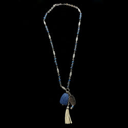Luxury Semi-Precious Hammered Finish Y-Necklace Silver & Blue NWOT