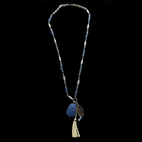 Luxury Semi-Precious Hammered Finish Y-Necklace Silver & Blue NWOT