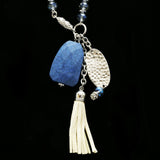 Luxury Semi-Precious Hammered Finish Y-Necklace Silver & Blue NWOT
