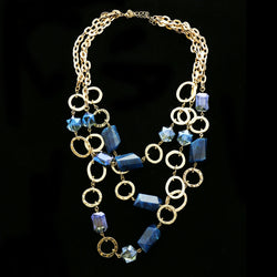 Luxury Crystal Hammered Finish Necklace Gold & Blue NWOT