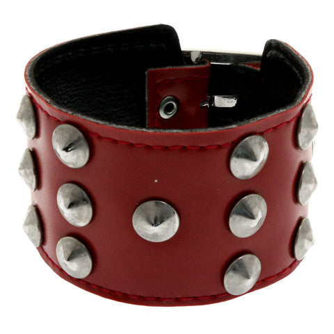 Mi Amore Adjustable-Length Studded Synthetic Leather Cuff-Bracelet Red & Silver-Tone