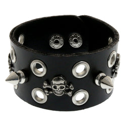 Mi Amore Synthetic Leather Studded Adjustable Length Cuff-Bracelet Black & Silver-Tone