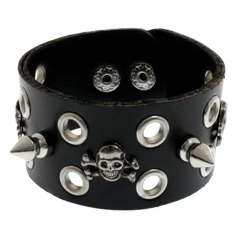 Mi Amore Synthetic Leather Studded Adjustable Length Cuff-Bracelet Black & Silver-Tone