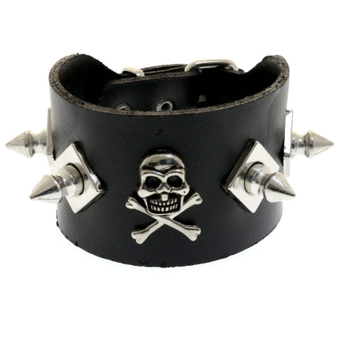 Mi Amore Synthetic Leather Studded Adjustable Length Cuff-Bracelet Black & Silver-Tone