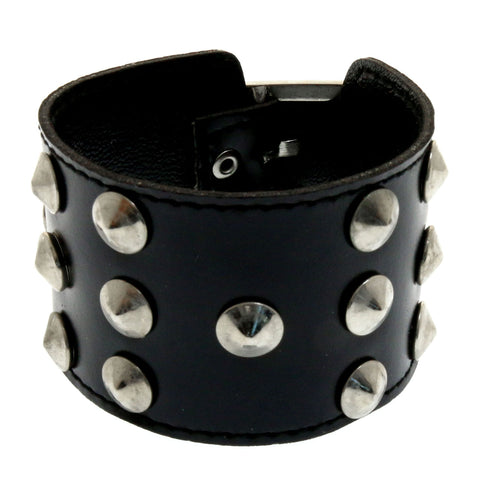 Mi Amore Synthetic Leather Studded Adjustable Length Cuff-Bracelet Black & Silver-Tone