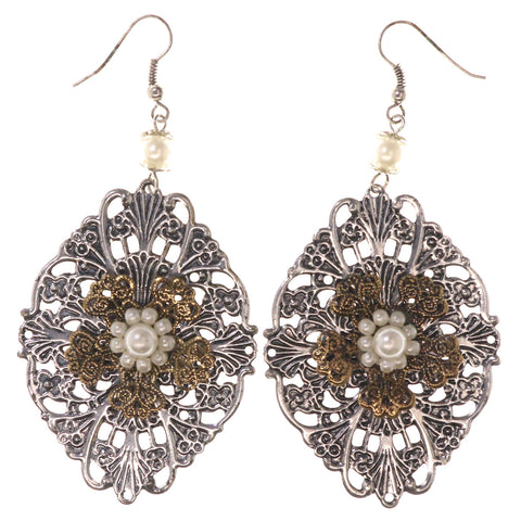 Silver-Tone & Gold-Tone Colored Metal Dangle-Earrings With Bead Accents #5175