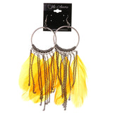 Feather Dangle-Earrings With tassel Accents Silver-Tone & Yellow Colored #4779