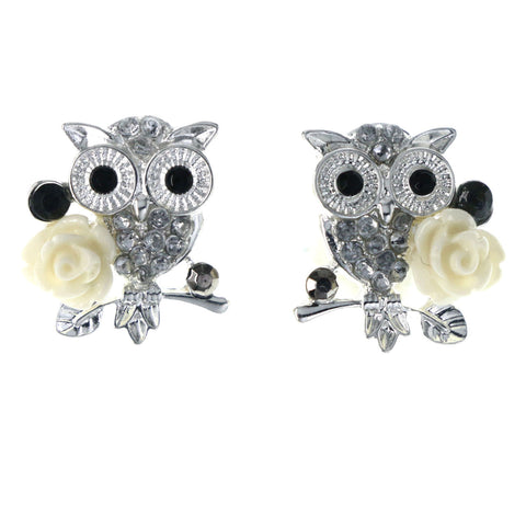 Owl Rose Stud-Earrings With Crystal Accents Silver-Tone & Black Colored #5882