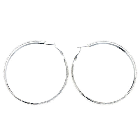 Flower Textured Hoop-Earrings Silver-Tone Color  #5880