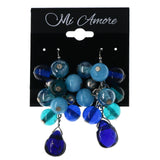 Blue & Silver-Tone Colored Metal Dangle-Earrings With Bead Accents #5865