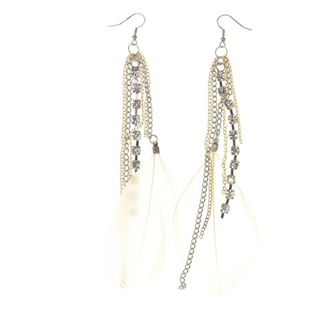 Feather Dangle-Earrings With Crystal Accents White & Silver-Tone Colored #5034
