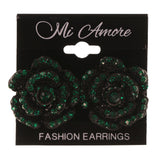 Flower Stud-Earrings With Crystal Accents Green & Black Colored #4973