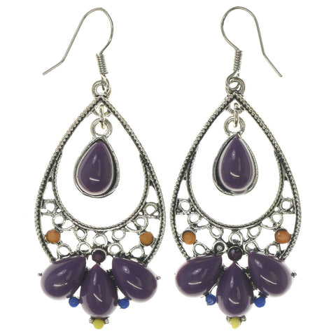 Silver-Tone & Multi Colored Metal Dangle-Earrings With Bead Accents #4995
