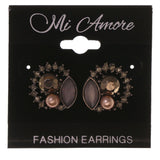 Silver-Tone & Brown Colored Metal Stud-Earrings With Bead Accents #5001