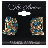 Gold-Tone & Blue Colored Metal Stud-Earrings With Crystal Accents #5163