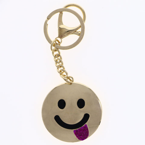 Silly Face Emoji HASHTAG HAHA Split-Ring-Keychain W/ Trigger-Snap Gold-Tone/Pink