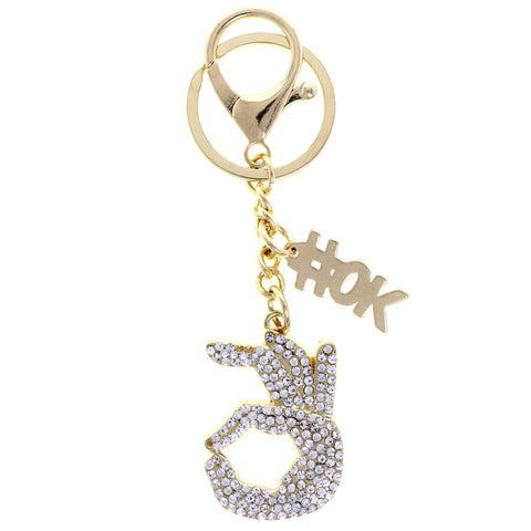 Hand HASHTAG OK Split-Ring-Keychain W/ Trigger-Snap Gold-Tone/Silver-Tone