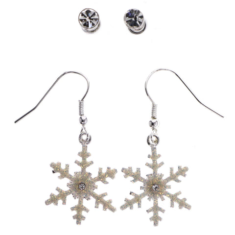 Mi Amore Winter Snowflake Glitter Multiple-Earring-Set Silver-Tone & White