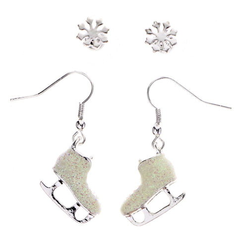 Mi Amore Winter Snowflake Glittery Ice Skates Multiple-Earring-Set Silver-Tone & Pink
