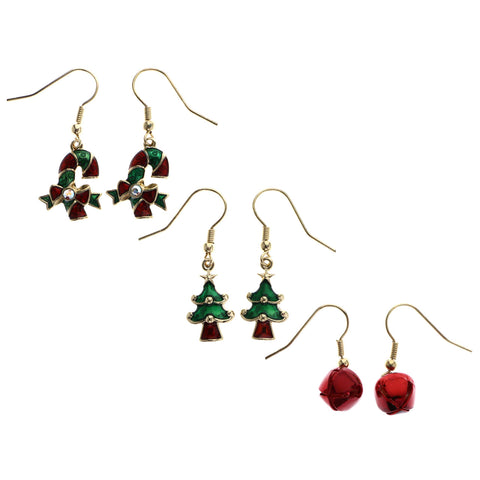 Candy Cane Jingle Bells Christmas Tree Dangle-Earrings AB Finish Red/Green