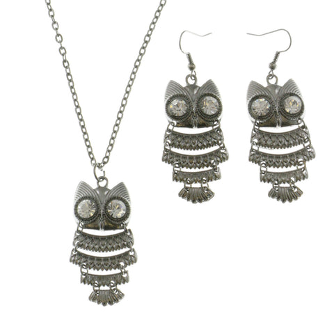 Mi Amore Owls Adjustable Necklace-Earring-Set Silver-Tone